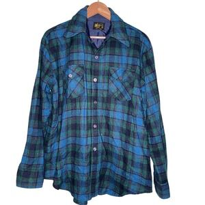 Kmart Wool Flannel Blue Green Large Vintage Long Sleeve Plaid Lumberjack Rugged